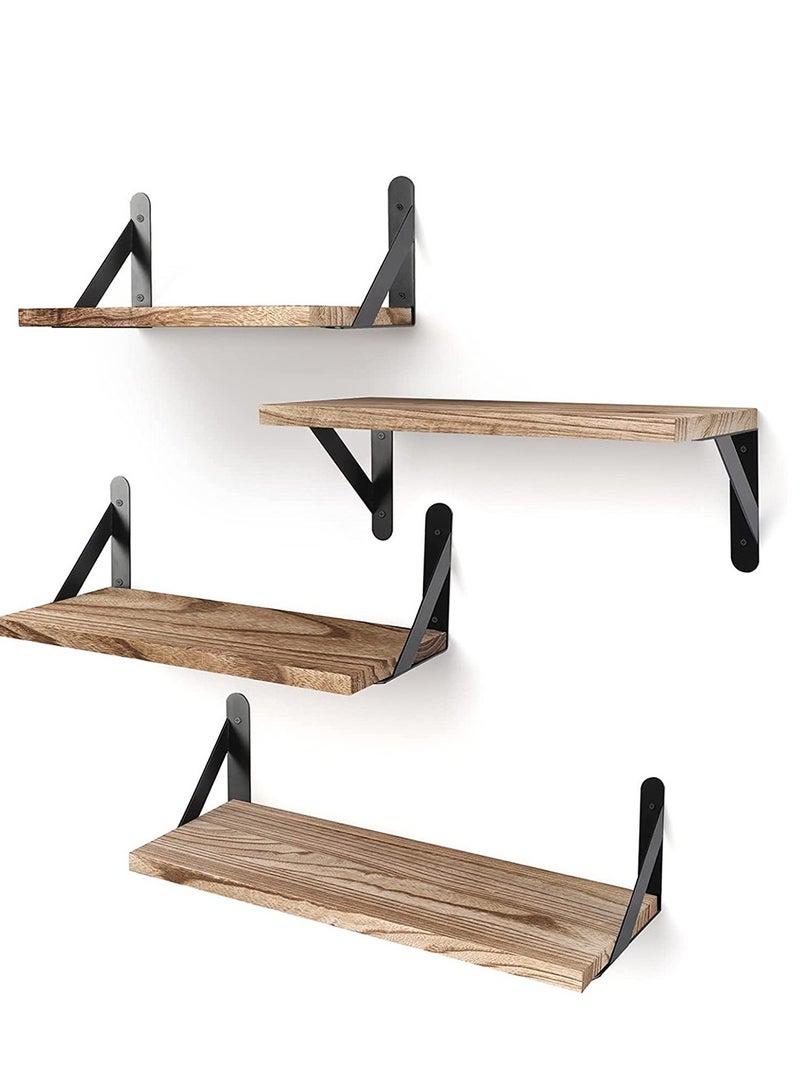Rustic Wooden Wall-Mounted Shelves – 4-Piece Floating Shelf Set with Matte Black Metal Brackets for Living Room, Bedroom, and Office Décor 