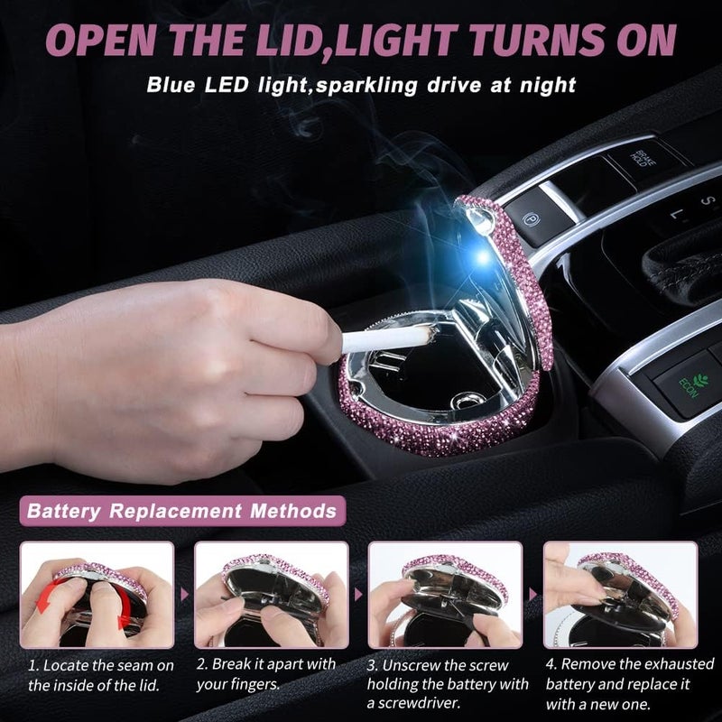 eing Car Ashtray Portable Bling Cigarette Smokeless Cylinder Cup Holder with Blue LED Light Indicator and 2 Replacement Batteries,Car Accessories for Women,Ideal for Car,Home and Office,1-Pack Purple - Image 1
