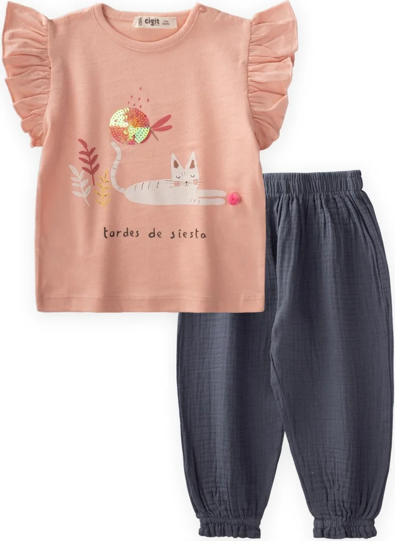 Cigit Cat Printed Muslin Trouser T-Shirt Set for 1-7 Years Old Baby