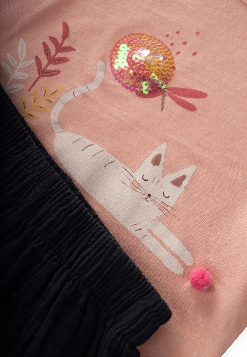 Cigit Cat Printed Muslin Trouser T-Shirt Set for 1-7 Years Old Baby