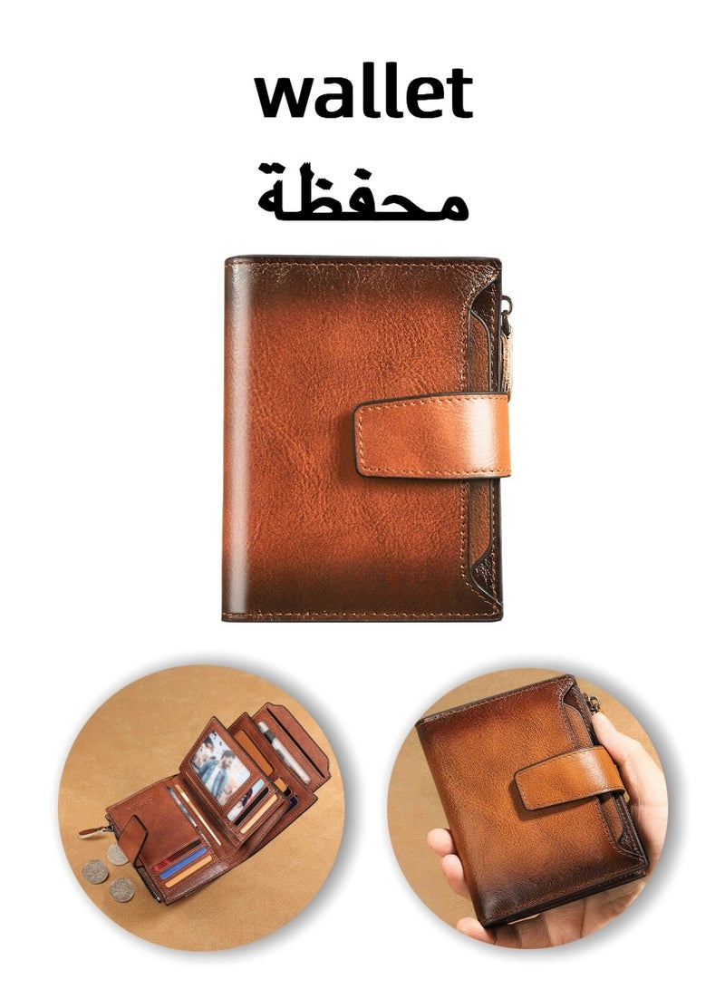 Men's Genuine Leather Tri-Fold Wallet, Buckle Zipper Short Money Wallet, Multi Slot Credit Card Holder for Daily Carry, Commute, Business, Gift - Image 1