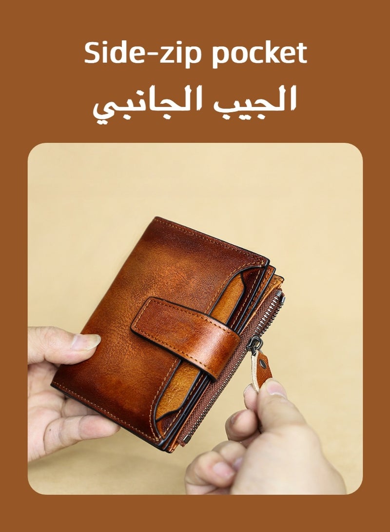 Men's Genuine Leather Tri-Fold Wallet, Buckle Zipper Short Money Wallet, Multi Slot Credit Card Holder for Daily Carry, Commute, Business, Gift - Image 4
