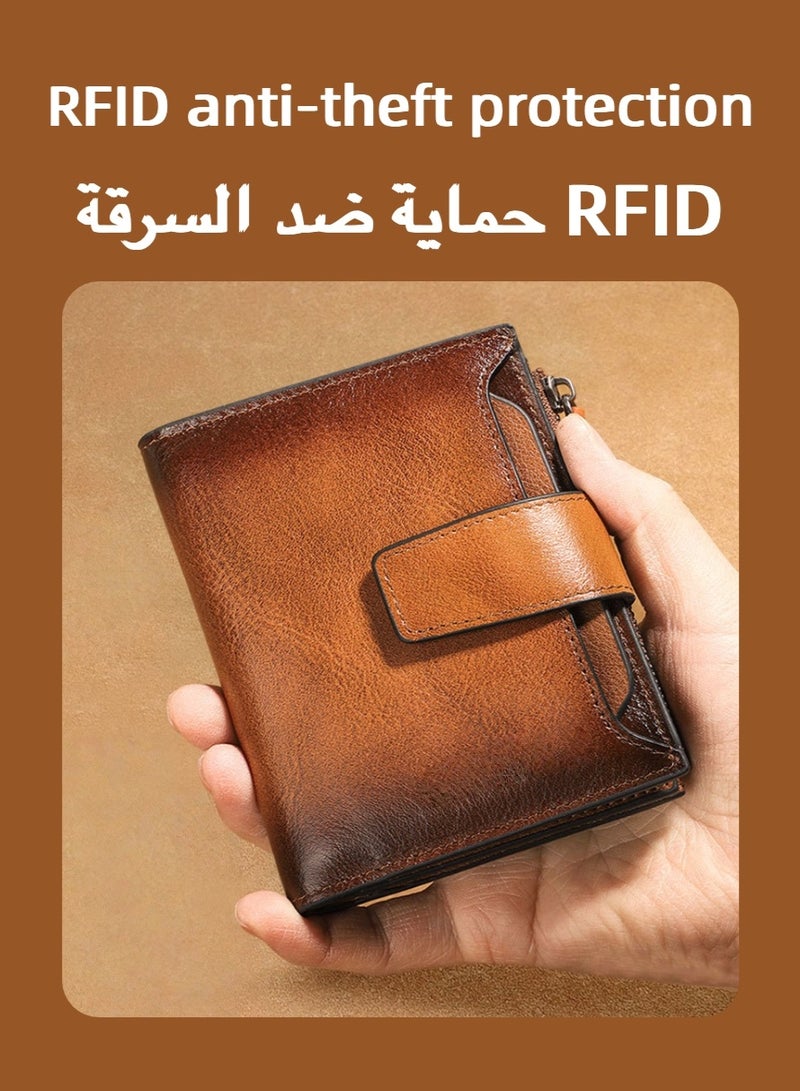 Men's Genuine Leather Tri-Fold Wallet, Buckle Zipper Short Money Wallet, Multi Slot Credit Card Holder for Daily Carry, Commute, Business, Gift - Image 5