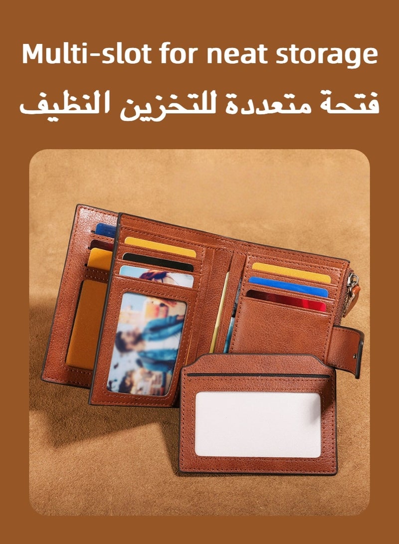 Men's Genuine Leather Tri-Fold Wallet, Buckle Zipper Short Money Wallet, Multi Slot Credit Card Holder for Daily Carry, Commute, Business, Gift - Image 3