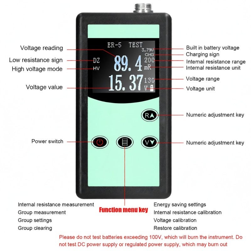 Battery Internal Resistance Tester: 0.30-0.50 Milliohm Low Resistance Function, Portable One-Hand Design - Backlit Screen, Rechargeable Built-In Lithium Battery for Lithium Ion, Alkaline, Button Batte - Image 3