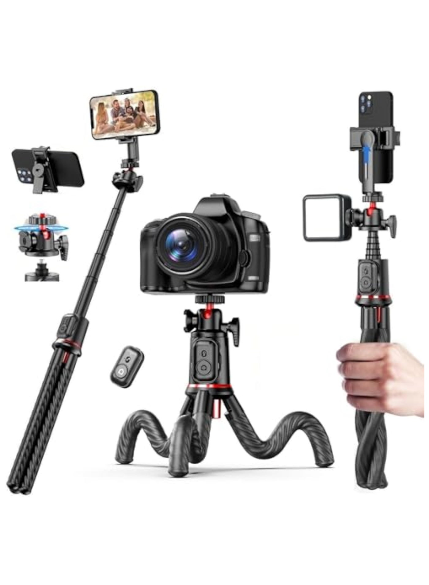 Phone Tripod Selfie Stick, Mini Camera Tripod Phone Holder, with Cold Shoe Mount Travel Tripod and Remote Shutter Control, for iPhone Samsung Camera Stand Video Recording Vlog