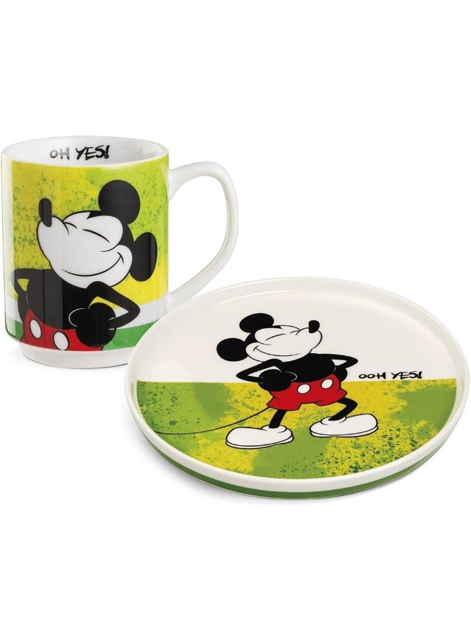 EGAN طقم طبق جانبي + كوب قابل للتكديس – ميكي وميني ماوس مجموعة I AM | بورسلين جديد | آمن في غسالة الصحون والميكروويف | طقم فطور وقهوة ووجبات خفيفة (ميكي الأخضر) - Image 1