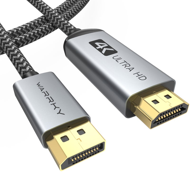 WARRKY 4K DisplayPort to HDMI Cable 10FT[Metal Case, Nylon Cable] One-Way Transmission DP 1.2 Computer to HDMI 1.4 Screen Compatible for Dell, HP, Samsung, PC, Laptop, Projector, TV â€“ Passive - Image 1