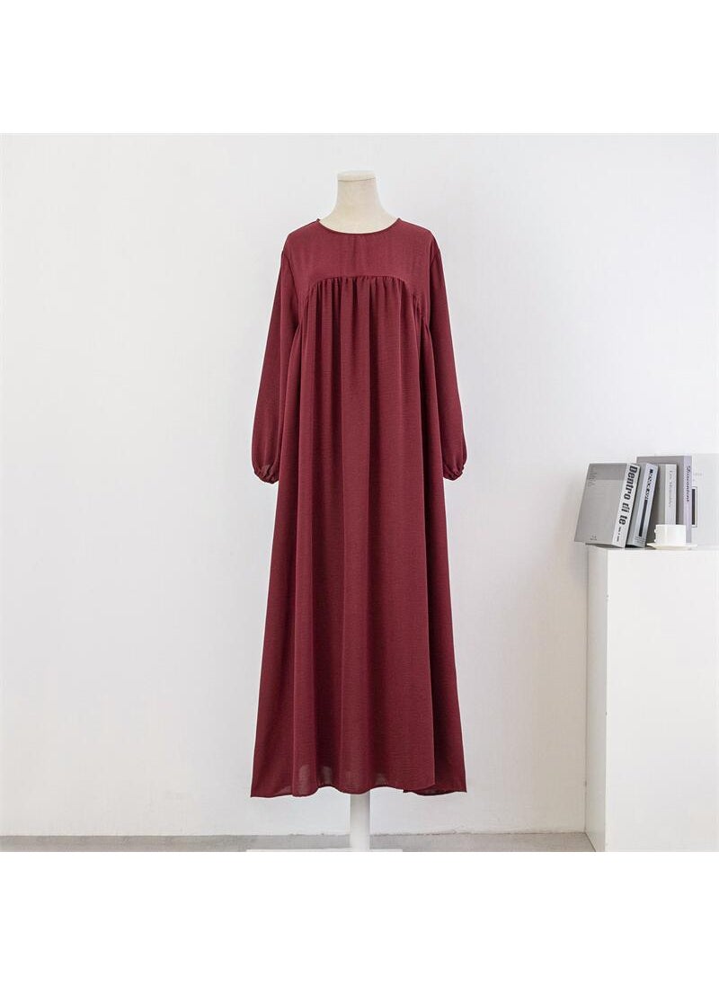 Generic Cross-border Foreign Trade Muslim Loose plus size Long-sleeved Solid Color Pullover Robe Skirt Over-the-knee Long Skirt dress Wine red  - Image 1