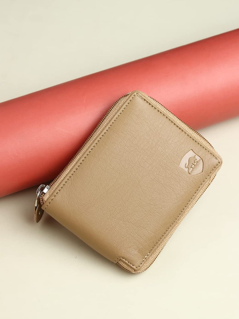 SAMTROH Unisex PU Leather Zipper Round Chain Wallet | 3 Card Slots, 1 Coin Pocket, 2 Currency Compartment & 2 Secret Compartments | Zip Closure Slim Purse for Women and Men (Beige) - Image 2