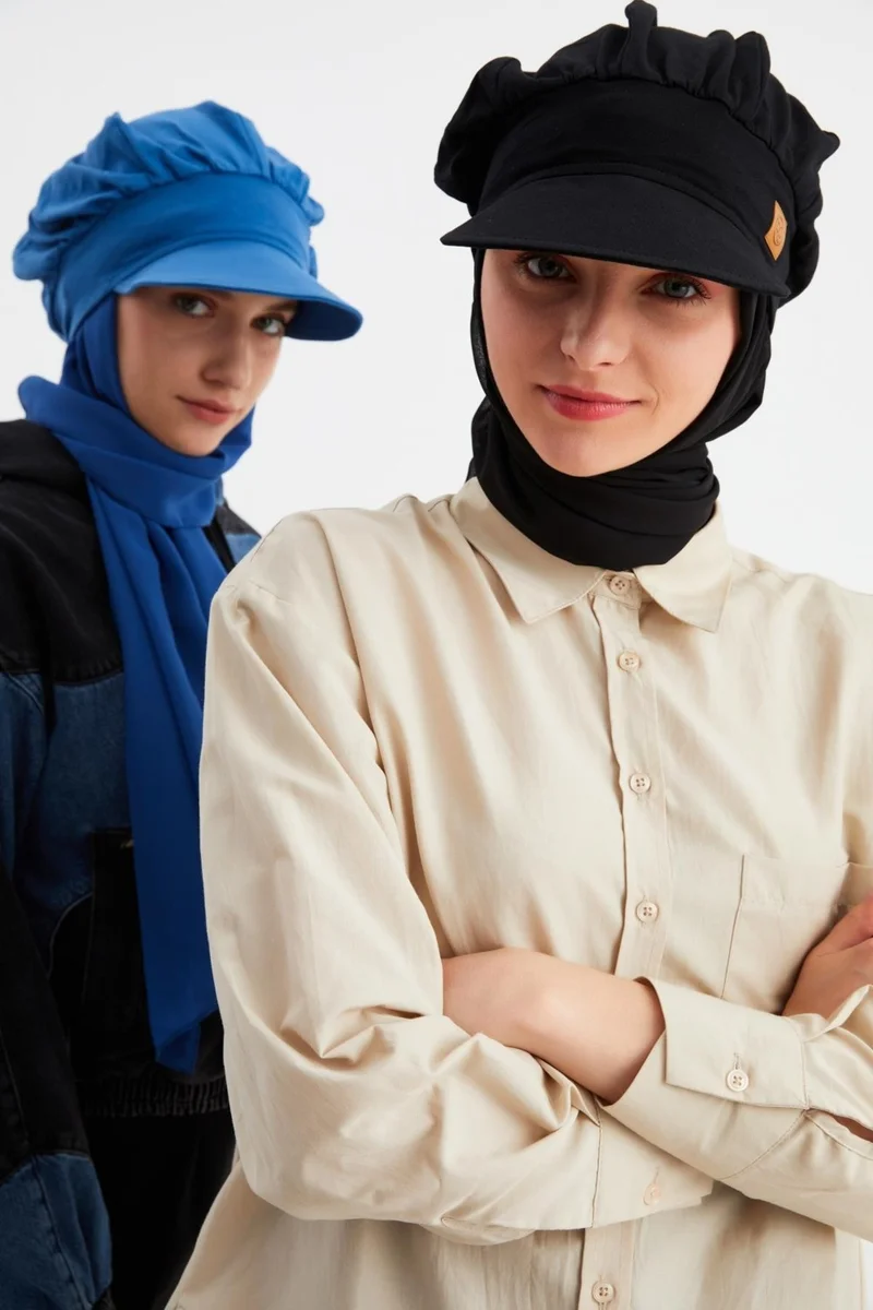 بوتيكجيز Midnight Blue and Black Women's Hijab Multi Chiffon Silky Shawl and Cotton Combed Visor Hat 2 Sets Together
