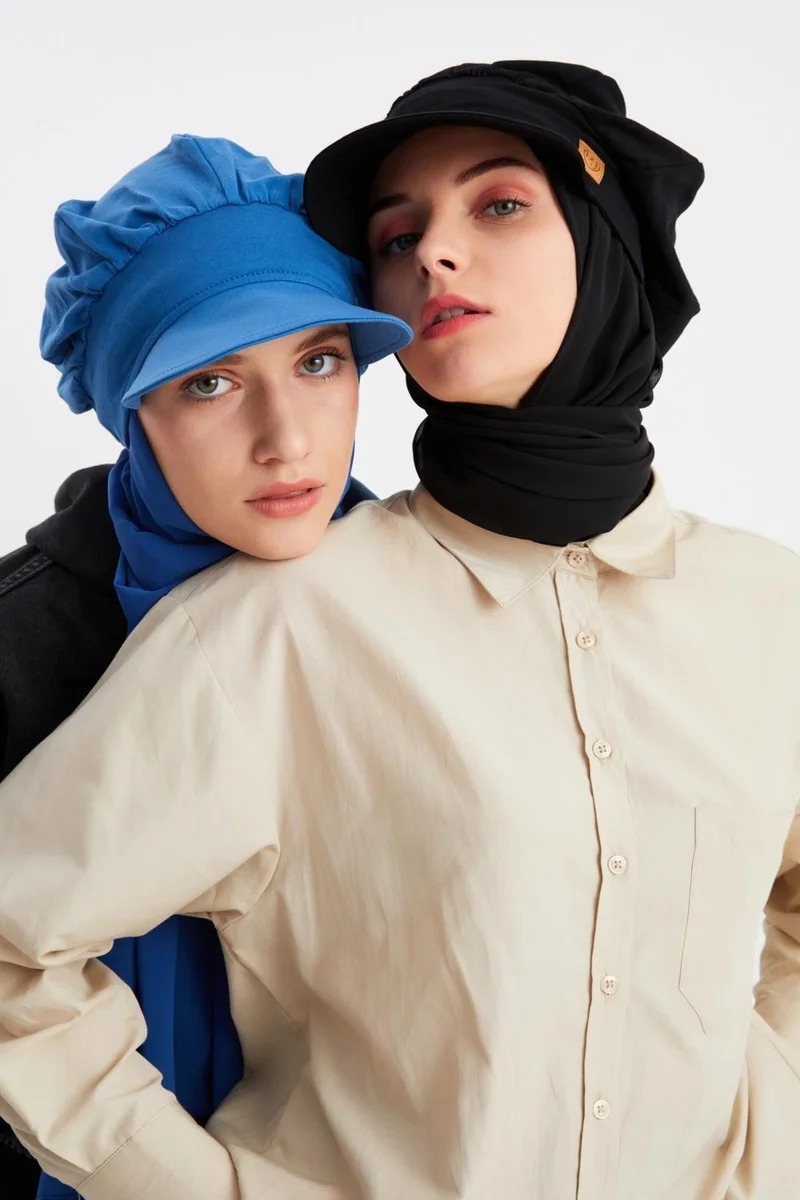 بوتيكجيز Midnight Blue and Black Women's Hijab Multi Chiffon Silky Shawl and Cotton Combed Visor Hat 2 Sets Together