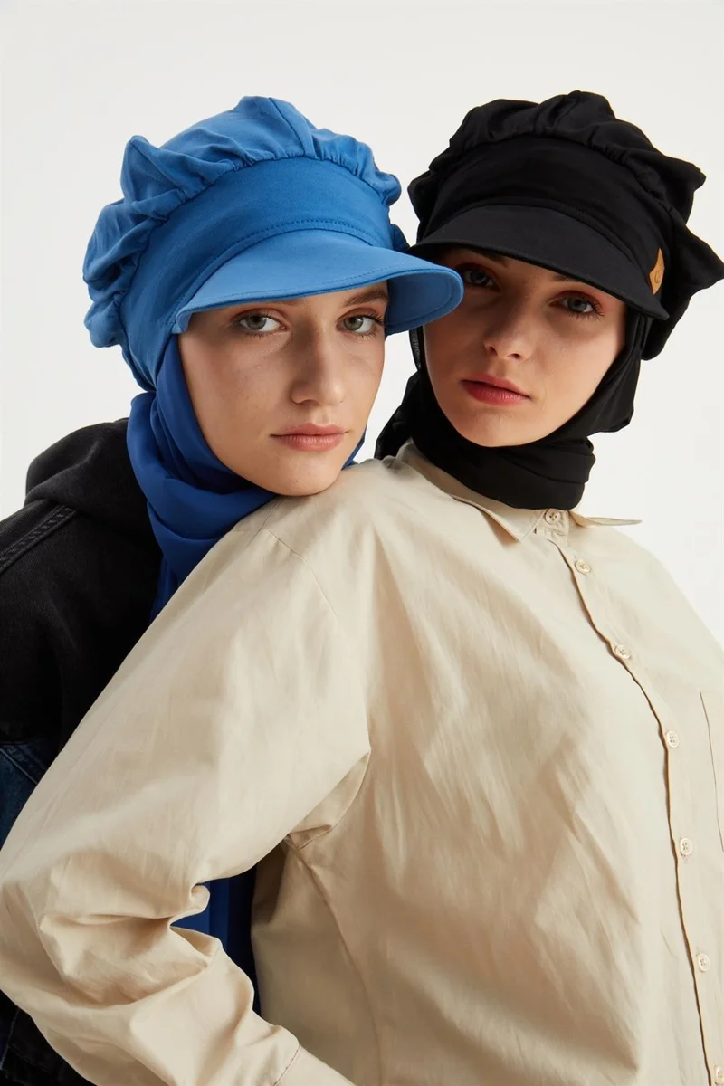 بوتيكجيز Midnight Blue and Black Women's Hijab Multi Chiffon Silky Shawl and Cotton Combed Visor Hat 2 Sets Together