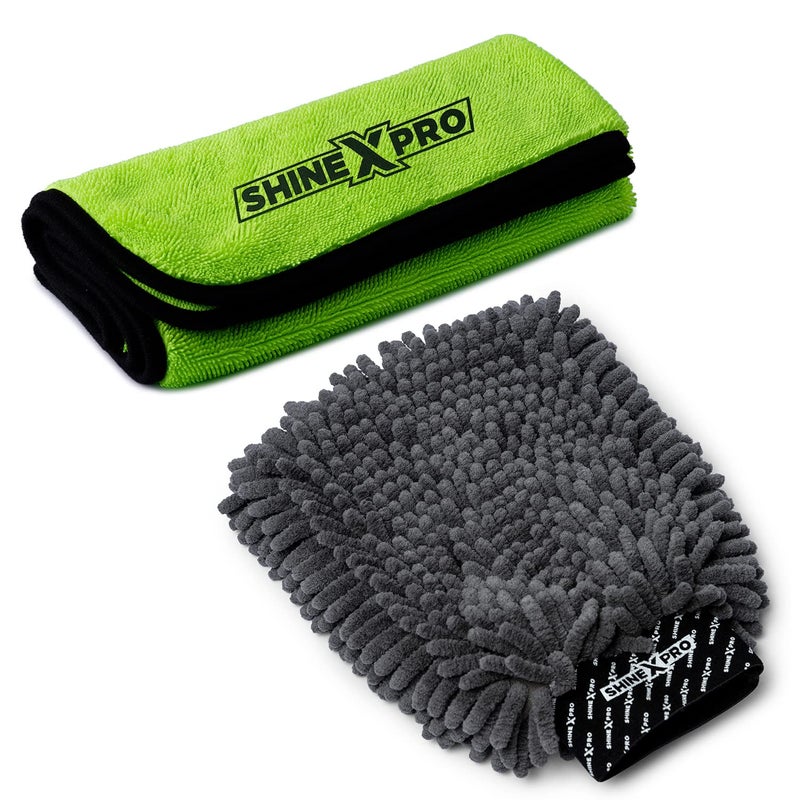 shinexpro Microfiber Car Cleaning Cloth & Wash Mitt Kit - Includes SuckerXtreme 600GSM (60x50 CM) Microfiber Cloth for Car & Dual Sided Chenille Microfiber Wash Mitt - Image 1