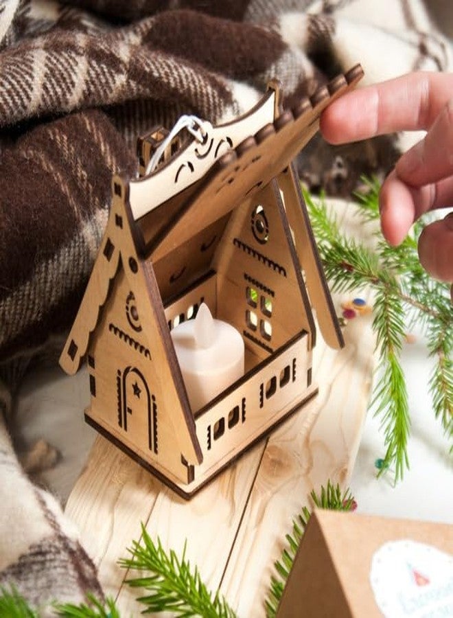 Raystar™ Wooden DIY Christmas House Tea Light Holder (2 Pcs), Decorative Candle Lantern, Natural Wood, Holiday Home Decor - Image 1