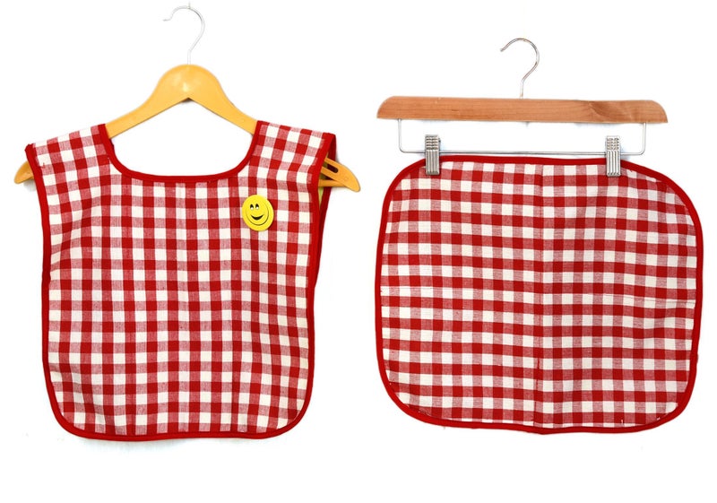 Switchon Waterproof Cotton Checks Design Multi Purpose Apron with Cloth Plate for Kids - Red and White, Proudly Made in India - Image 1
