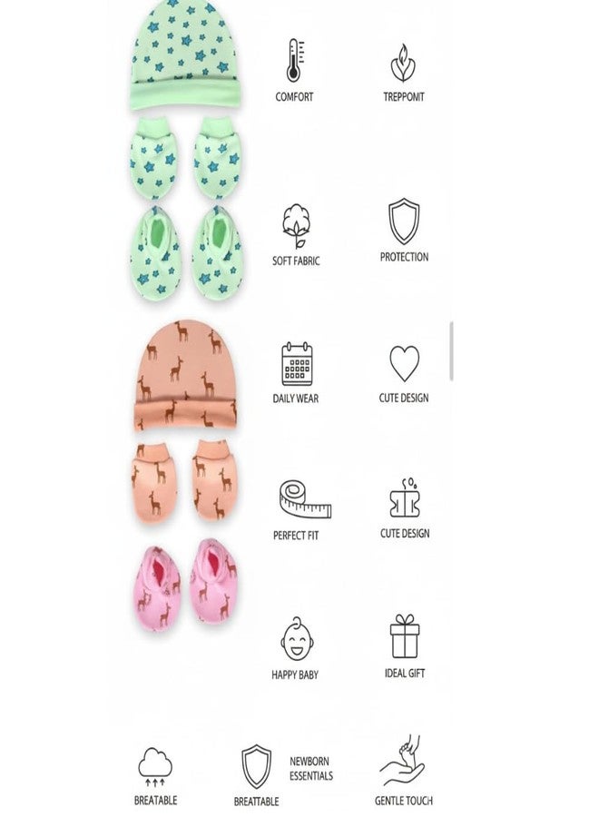 HAWKR Newborn Baby Cotton Cap, Mittens and Booties Set, Printed Stars and Animals Pattern, 0-9 Months, Multiple Colors(Set of 4, Availability Colour May Vary and Print Designs) - Image 5