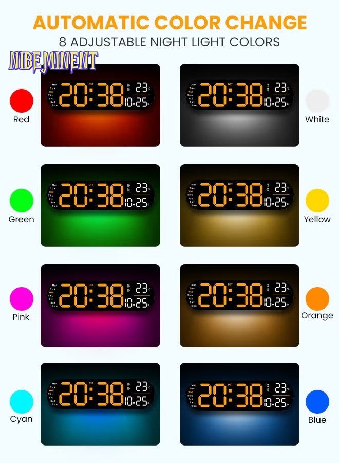 NIBEMINENT LED Digital Clock, Digital Wall Clock with Remote Control, RGB Atmosphere Lights with 8 Adjustable Night Light Colors, Dual Alarms, Temperature for Room （Orange） - Image 2