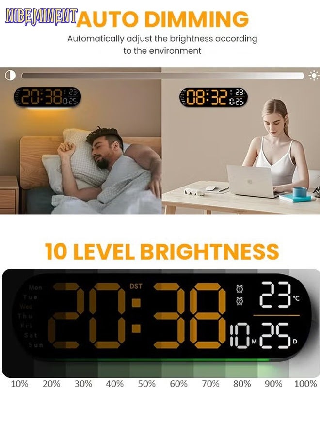 NIBEMINENT LED Digital Clock, Digital Wall Clock with Remote Control, RGB Atmosphere Lights with 8 Adjustable Night Light Colors, Dual Alarms, Temperature for Room （Orange） - Image 3
