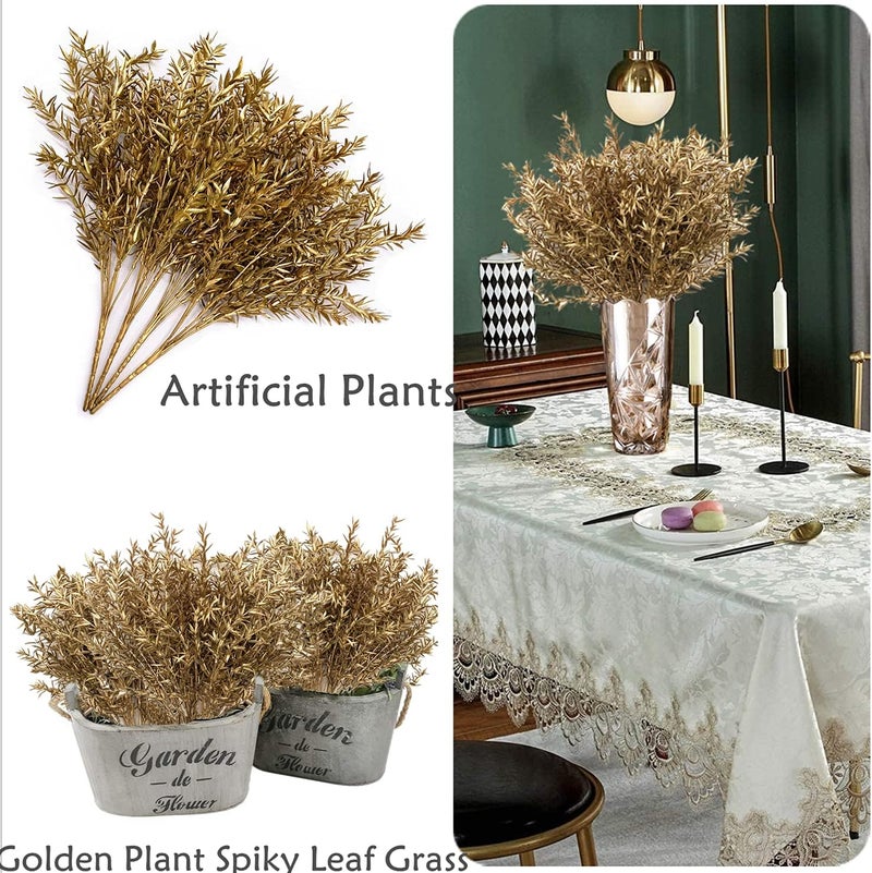 LOVENIMEN Christmas Artificial Plants, Fake Golden Plant Spiky Leaf Grass Flowers Bush Fern Bushes Faux Shrubs Indoor Outside Hanging Planter Home Garden Decor Festival Decoration - Gold 4 Pcs - Image 4