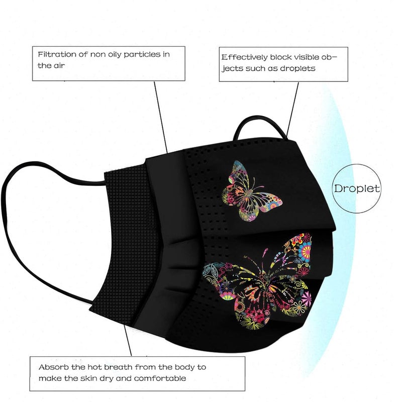woobles 50PC Butterfly Disposable Face Masks for Women with Design Cute Butterfly Printed Face Masks Full Face Protection (I) I - Image 4