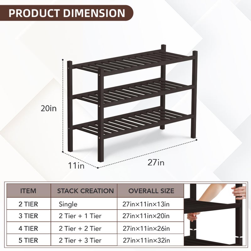Buymoth 3 Tier Bamboo Shoe Rack Storage Organizer for Closet, Multifunctional Stackable Free Standing Shoe Shelf Organizer for Small Space,Entryway, Hallway, Bathroom27 x11 x20(Brown, 3 Tier) - Image 2
