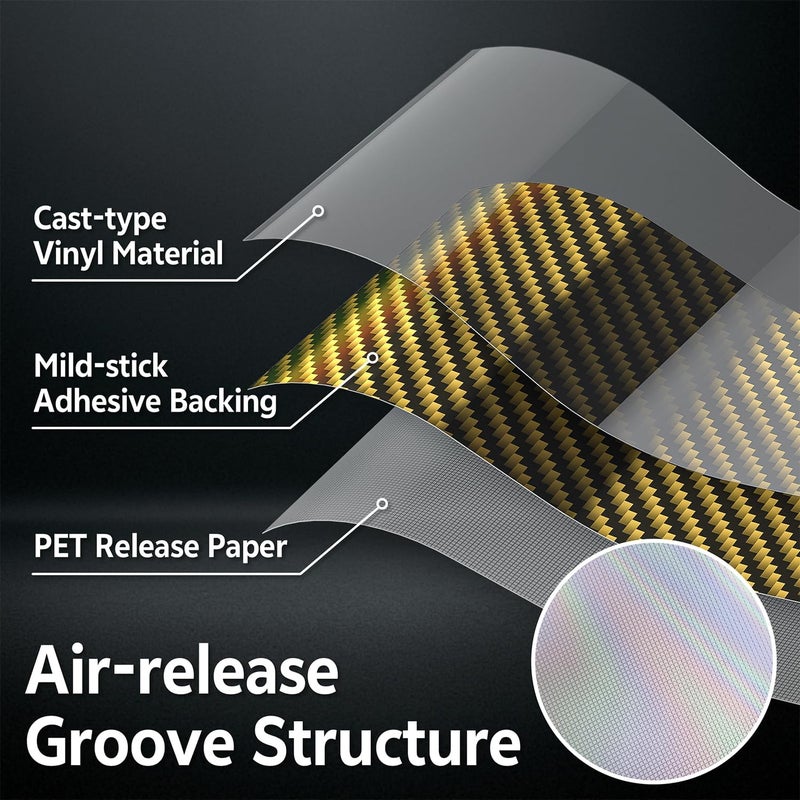 Foneso 2D Holographic Carbon Fiber Vinyl Wrap, High Gloss Gold Car Wrapping Vinyl Film with Air Release Technology Auto Sticker Decal Film Sheet, DIY Paint Replacement Wrap Roll 1ft x 10ft - Image 4