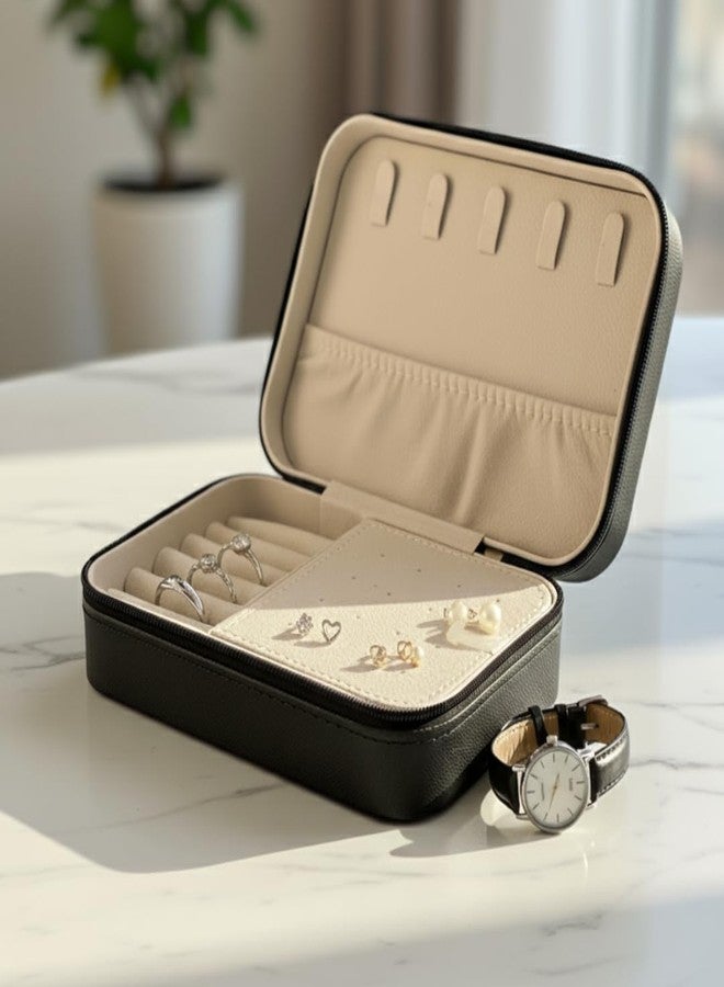 MERISH Elegant Jewelry Organizer Box, Leather Travel Case with Ring Holders, Compact Storage for Necklaces and Rings, Portable Zipper Design with Decorative Pattern (BLACK) - Image 2