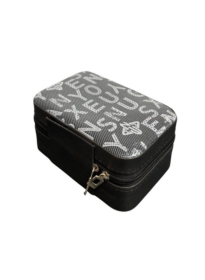 MERISH Elegant Jewelry Organizer Box, Leather Travel Case with Ring Holders, Compact Storage for Necklaces and Rings, Portable Zipper Design with Decorative Pattern (BLACK) - Image 1
