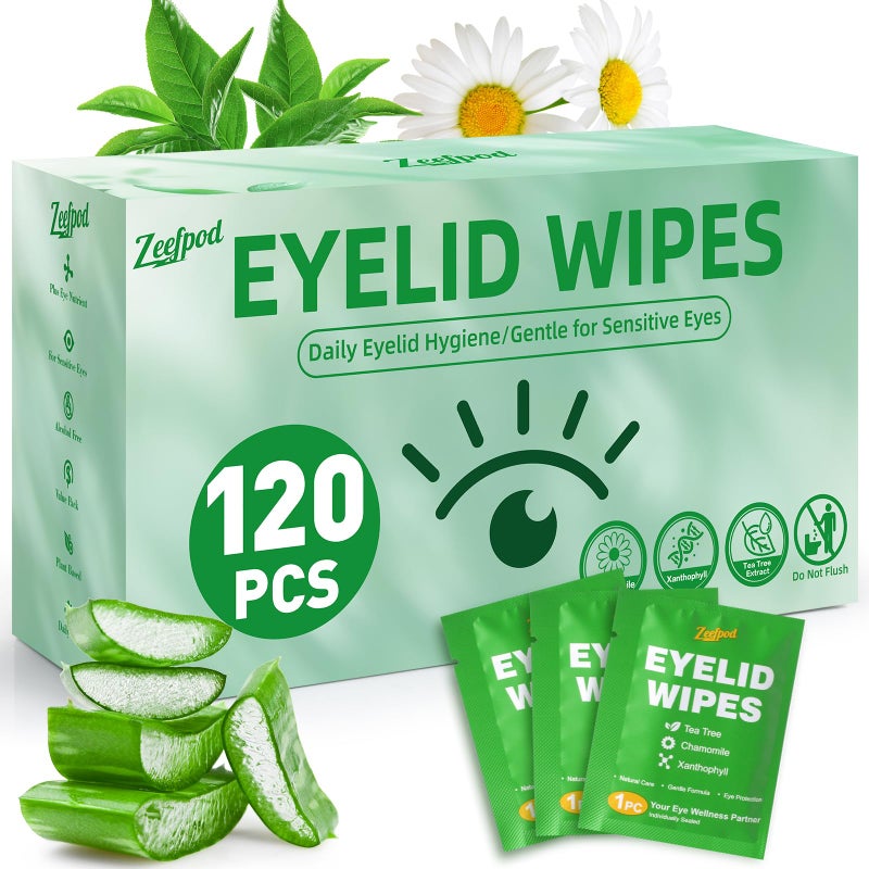 Zeefpod 120PCS Tea Tree Oil Eyelid Wipes â€“ Individually Wrapped Eye Lid Cleaning Wipesï¼ŒSoothing For Sensitive Eyes, Stay Hydrated Lid Wipe - Image 1