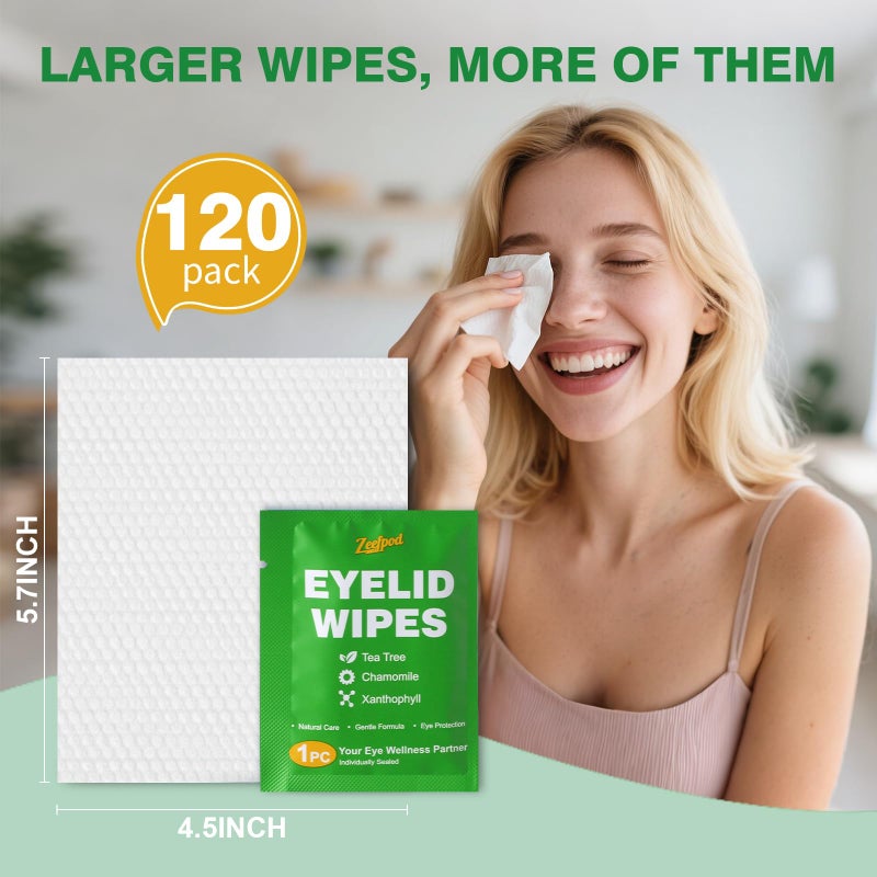 Zeefpod 120PCS Tea Tree Oil Eyelid Wipes â€“ Individually Wrapped Eye Lid Cleaning Wipesï¼ŒSoothing For Sensitive Eyes, Stay Hydrated Lid Wipe - Image 5