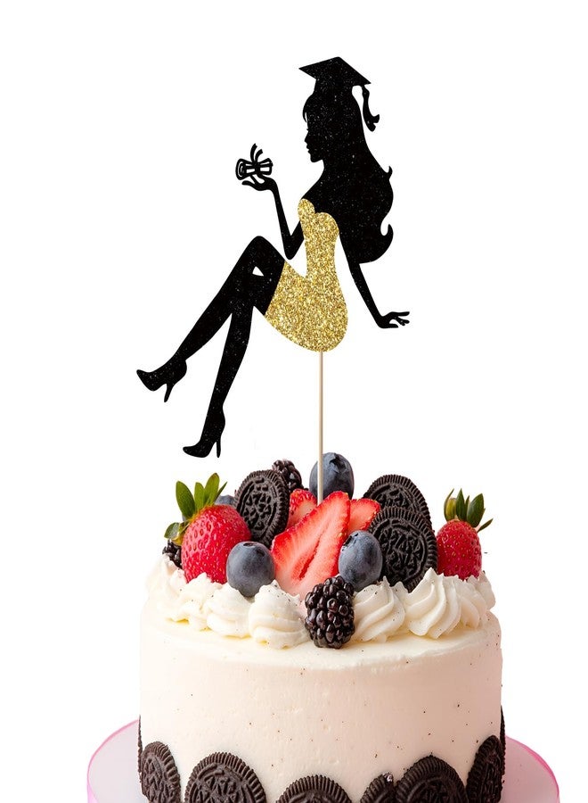 Chewarelly 1 Pack Graduation cake Topper, Glitter Congrats Grad Cake Decor,Class Of 2026 Cake Picks for Senior High School College Grad Party Decorations Supplies(Black with Gold) Girls - Image 1