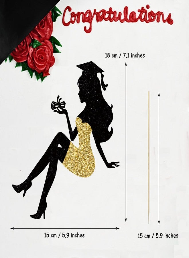 Chewarelly 1 Pack Graduation cake Topper, Glitter Congrats Grad Cake Decor,Class Of 2026 Cake Picks for Senior High School College Grad Party Decorations Supplies(Black with Gold) Girls - Image 2