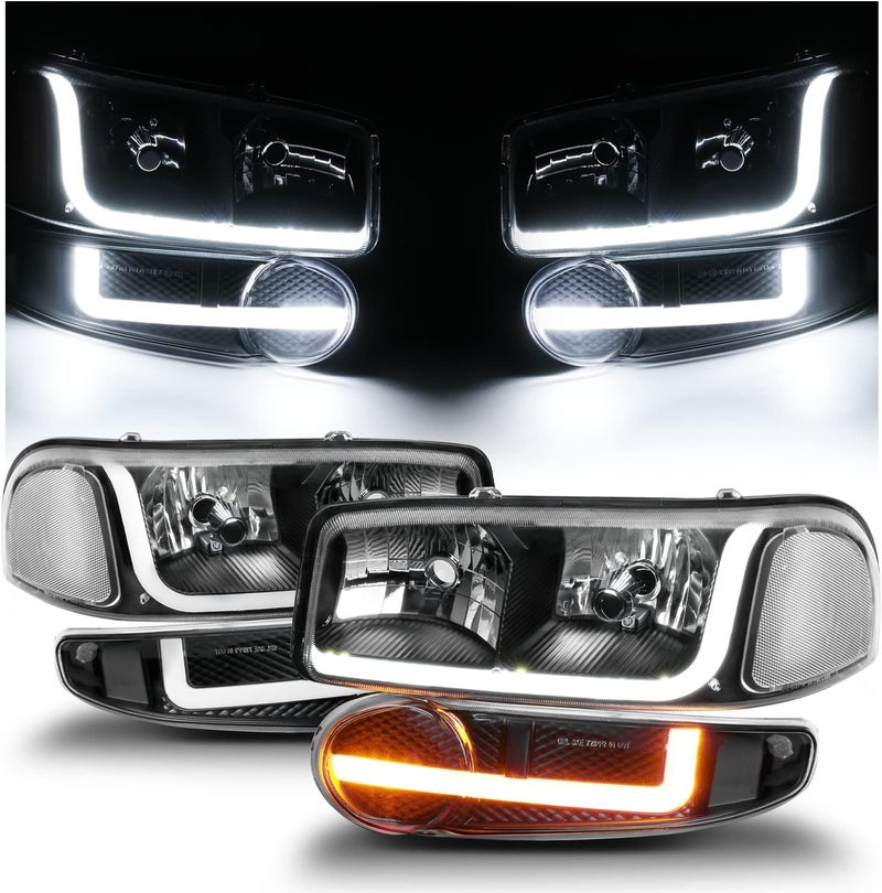 M-AUTO Switchback LED Tube DRL Black Headlights Assembly for GMC Sierra and Yukon Models - Image 1