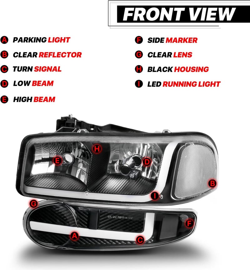 M-AUTO Switchback LED Tube DRL Black Headlights Assembly for GMC Sierra and Yukon Models - Image 3