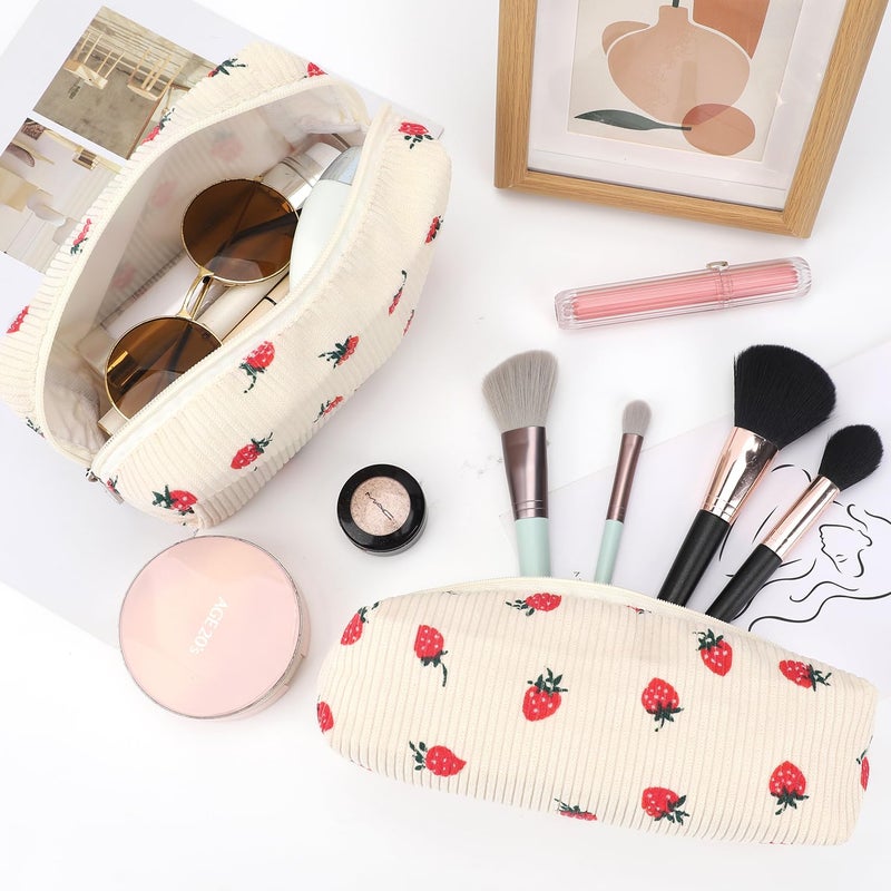EIMMBD Makeup Bag 3 Pieces Large Capacity Cosmetic Bags Travel Toiletry Bag Organizer Cute Makeup Bag Storage for Women(Beige Strawberry) - Image 2