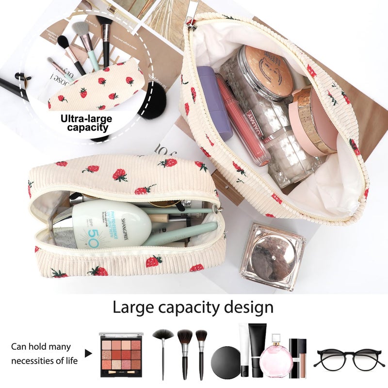 EIMMBD Makeup Bag 3 Pieces Large Capacity Cosmetic Bags Travel Toiletry Bag Organizer Cute Makeup Bag Storage for Women(Beige Strawberry) - Image 3