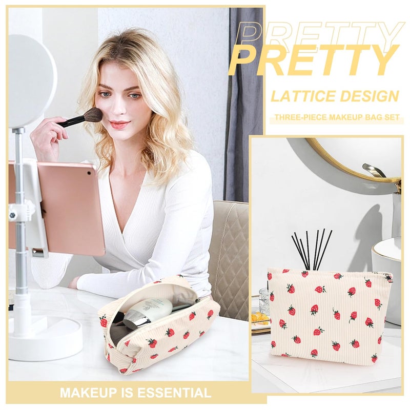 EIMMBD Makeup Bag 3 Pieces Large Capacity Cosmetic Bags Travel Toiletry Bag Organizer Cute Makeup Bag Storage for Women(Beige Strawberry) - Image 5