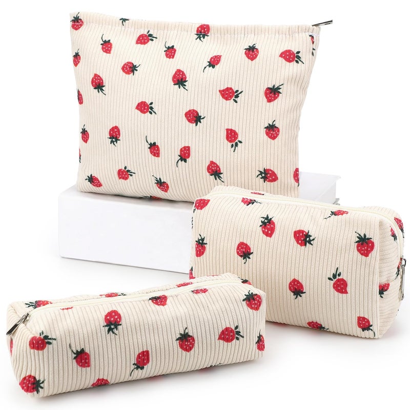 EIMMBD Makeup Bag 3 Pieces Large Capacity Cosmetic Bags Travel Toiletry Bag Organizer Cute Makeup Bag Storage for Women(Beige Strawberry) - Image 1