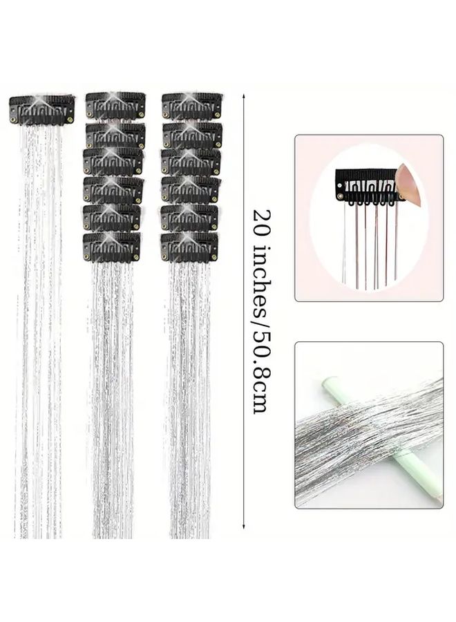 Silver Glitter 20inch Clip In Synthetic Hair Extension Set For Party Festival - Image 4