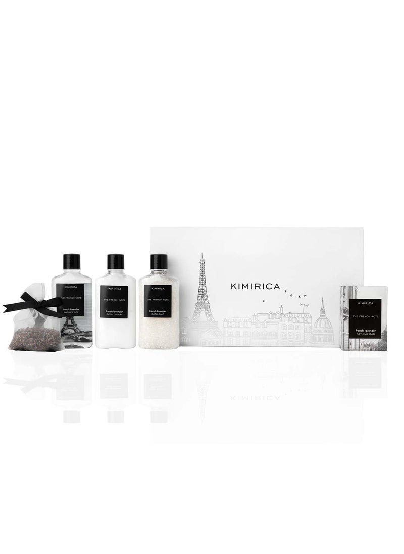 KIMIRICA - The French Note Bath Essential Gift Set | Holiday Self Care Spa Gift | with Authentic French Lavender | Contains Body Wash, Lotion, Bath Salt, Bar & Lavender Potli | 5 Piece Set - Image 1