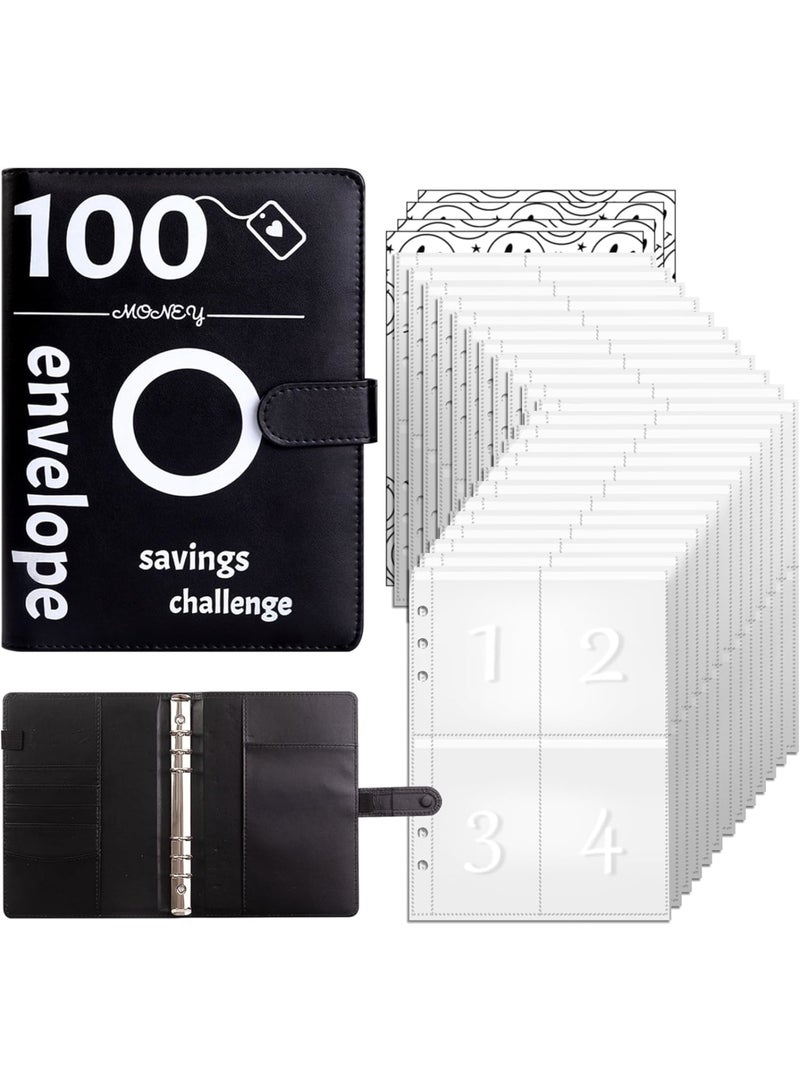 SOLARAE 100 Envelopes Money Saving Challenge Binder Kit, 100-Day $5,050 Savings Challenge, Budget Planner & Money Saver with 25 Pages of 4 Numbered Envelopes on each page (Black) - Image 1