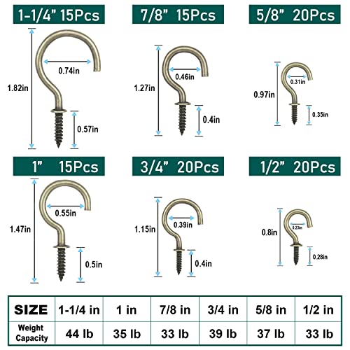 EIENHOSHI 105 Pcs Screw Hooks, 6 Sizes Bronze Cup Hooks, Screw Hooks for Hanging, Metal Cup Hooks Screw in (1/2", 5/8", 3/4", 7/8", 1'', 1-1/4") - Image 2
