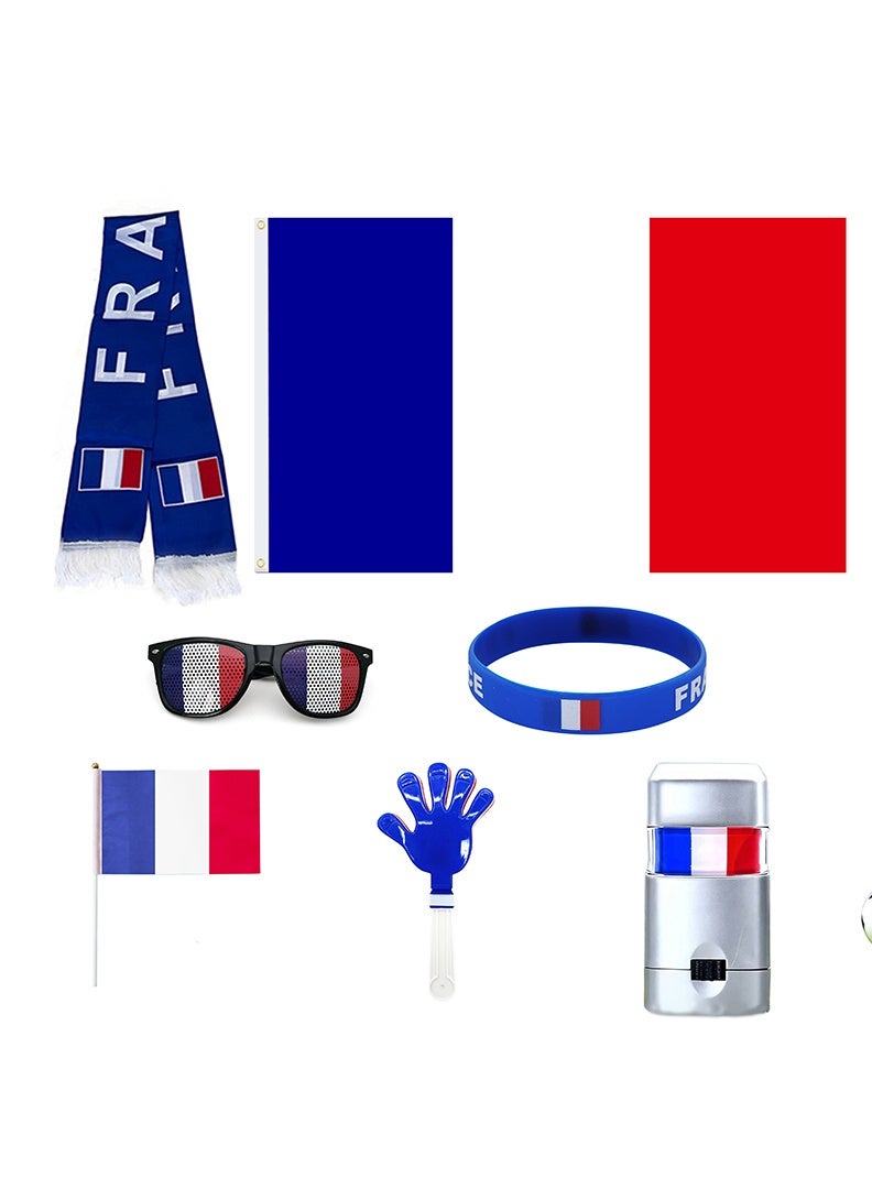 France Football Fan Kit 7-in-1 – Supporter Cheering Accessories Set with Flag, Scarf, Face Paint, Sunglasses, Clappers & Wristband | Football Merchandise for France Fans - Image 1