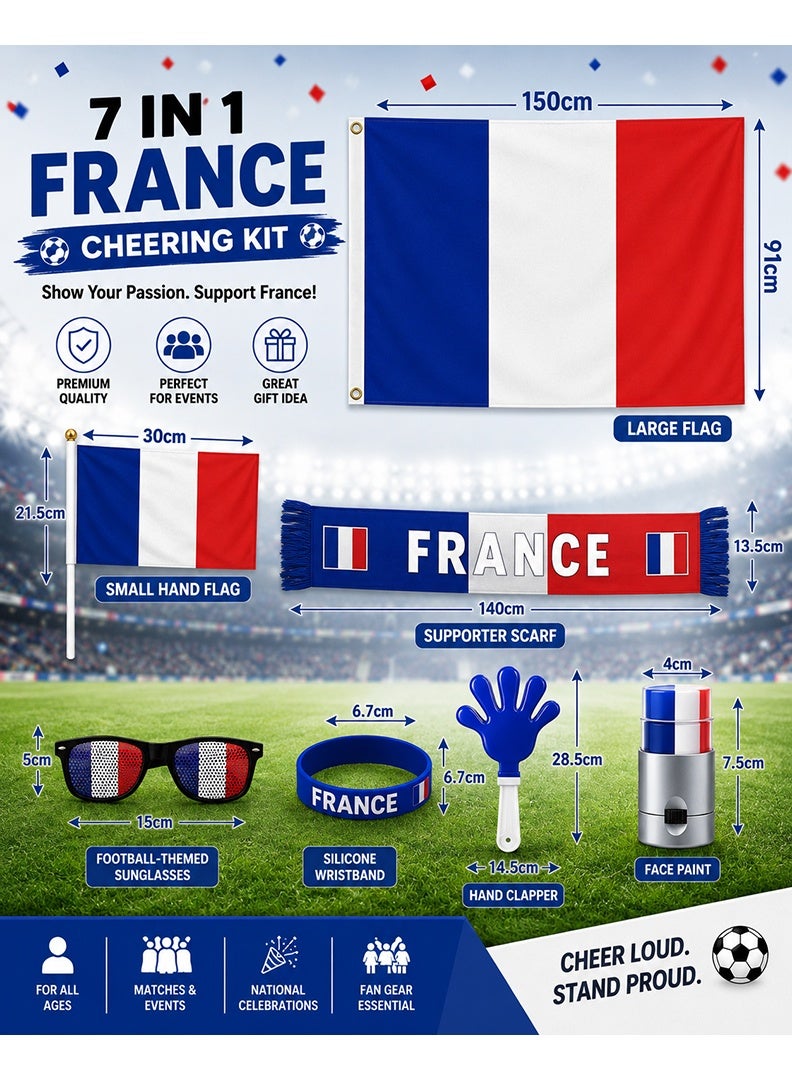 France Football Fan Kit 7-in-1 – Supporter Cheering Accessories Set with Flag, Scarf, Face Paint, Sunglasses, Clappers & Wristband | Football Merchandise for France Fans - Image 2