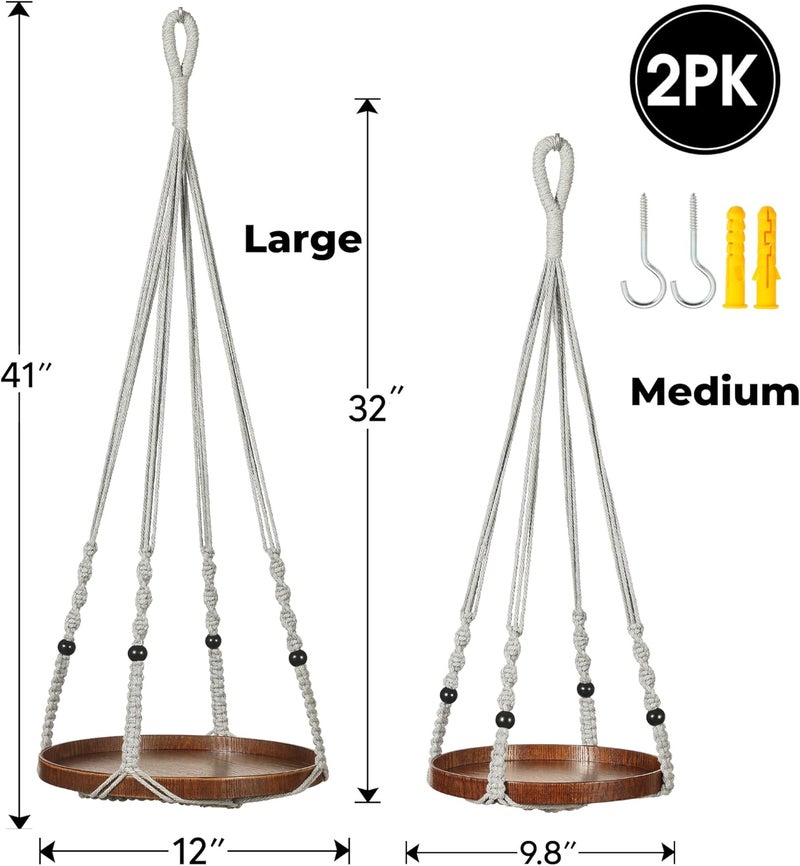 Shineloha 2 Pack Macrame Plant Hanger | Plant Hanger Indoor, Hanging Planter Shelf | Hanging Planter (Light Grey) (1 Large + 1 Medium) - Image 5