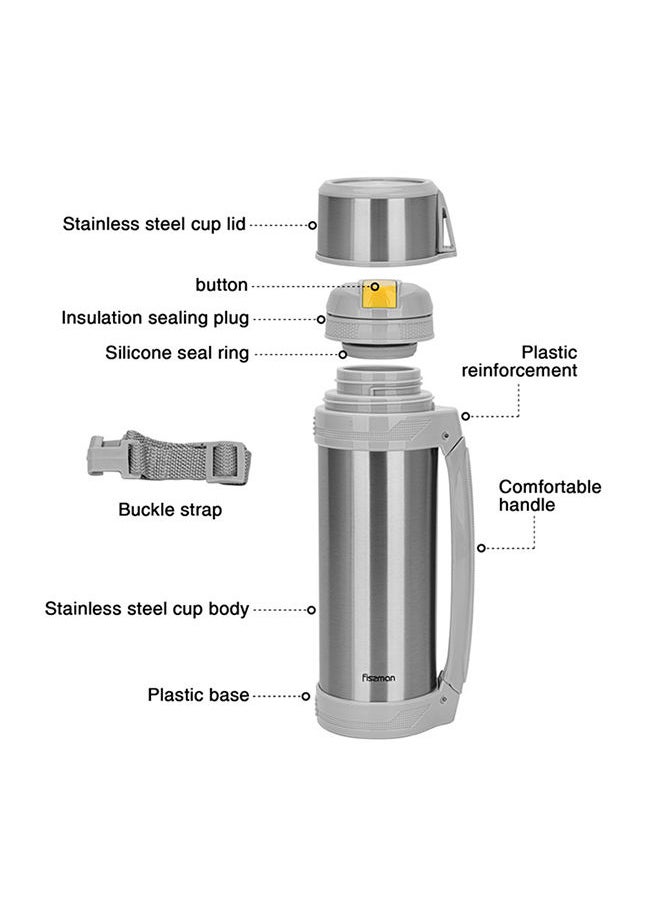 Fissman - Vacuum Flask with Cup Lid And Buckle Strap , Double Wall 304 Body Stainless Steel Body, Minimalist Stylish Design, Large Capacity For Hot/Cold Water, Coffee, Great For Travel 1500ml - Image 1