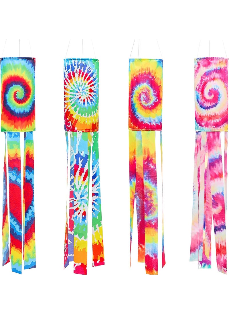 Moukeren Moukeren 4 Pieces Tie Dye Windsock Flag Rainbow Color Tails Design Rainbow Windsock Flag Outdoor Hanging Decoration for Home Yard Garden Balcony Decoration40 Inch  - Image 1