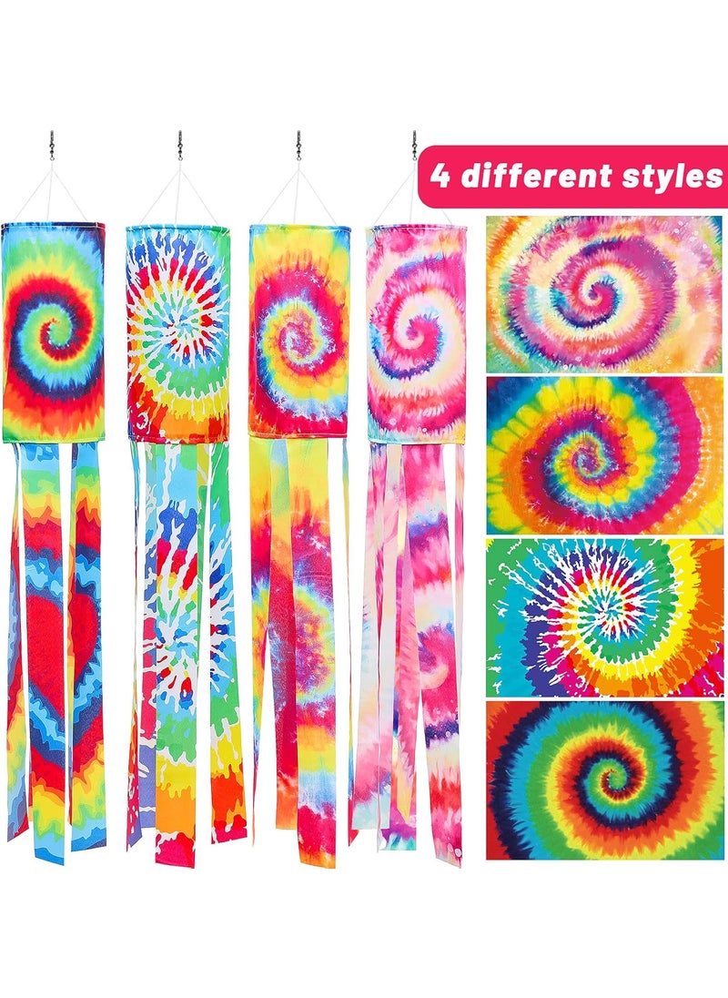 Moukeren Moukeren 4 Pieces Tie Dye Windsock Flag Rainbow Color Tails Design Rainbow Windsock Flag Outdoor Hanging Decoration for Home Yard Garden Balcony Decoration40 Inch  - Image 3