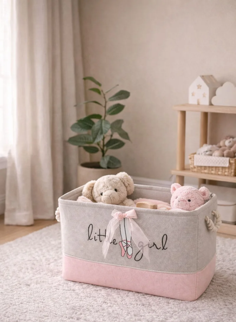 1Chase Kids Ballet Bow Rectangular Storage Basket 50L – Foldable Canvas Toy & Laundry Organizer with Rope Handles for Nursery, Bedroom and Playroom